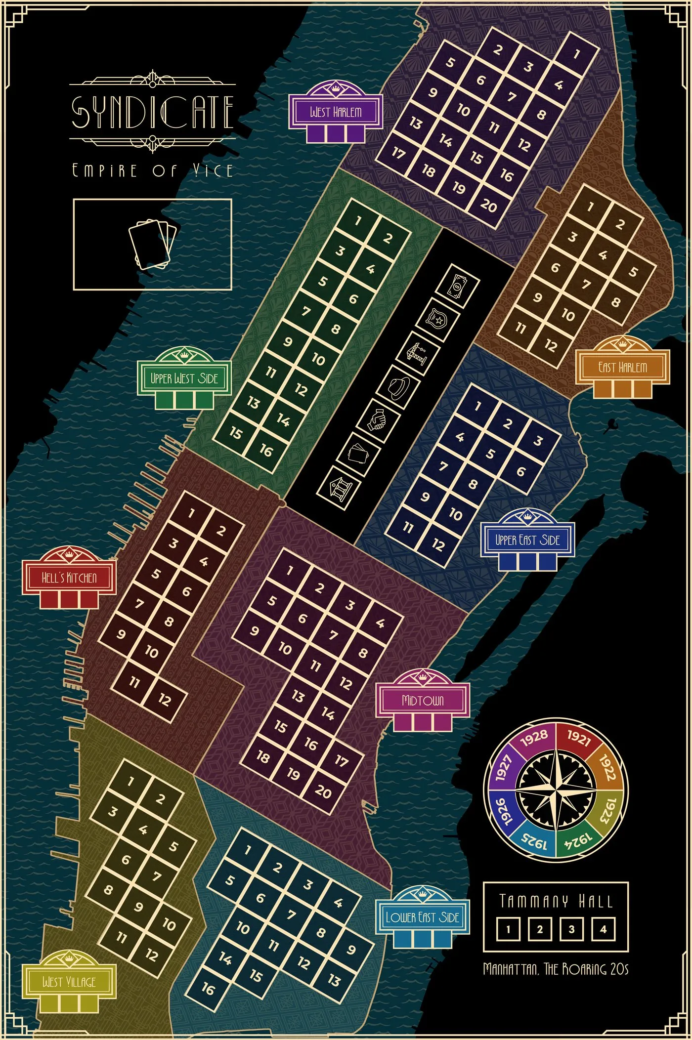 The Syndicate: Empire of Vice game board — a map of 1920s Manhattan divided into colour-coded districts